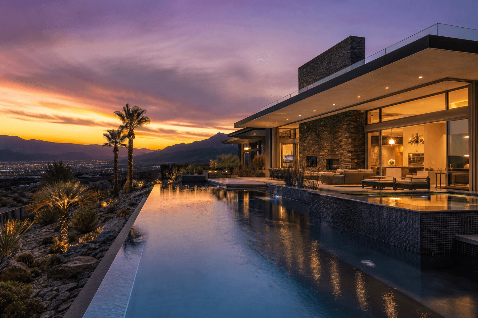 Modern Las Vegas desert home at dusk with lit windows and a pool reflecting the sunset